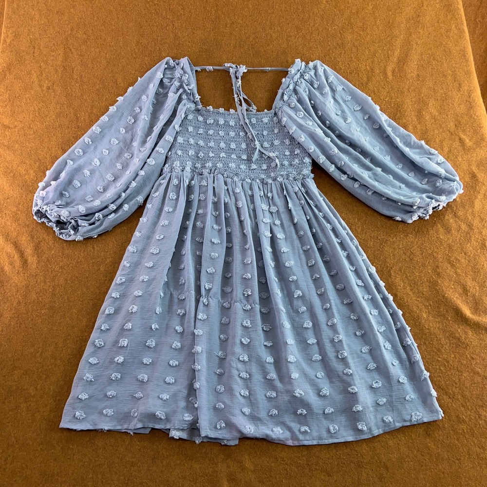 Listick Womens Medium Blue Clip Dot Smocked Balloon Sleeve Babydoll Dress New